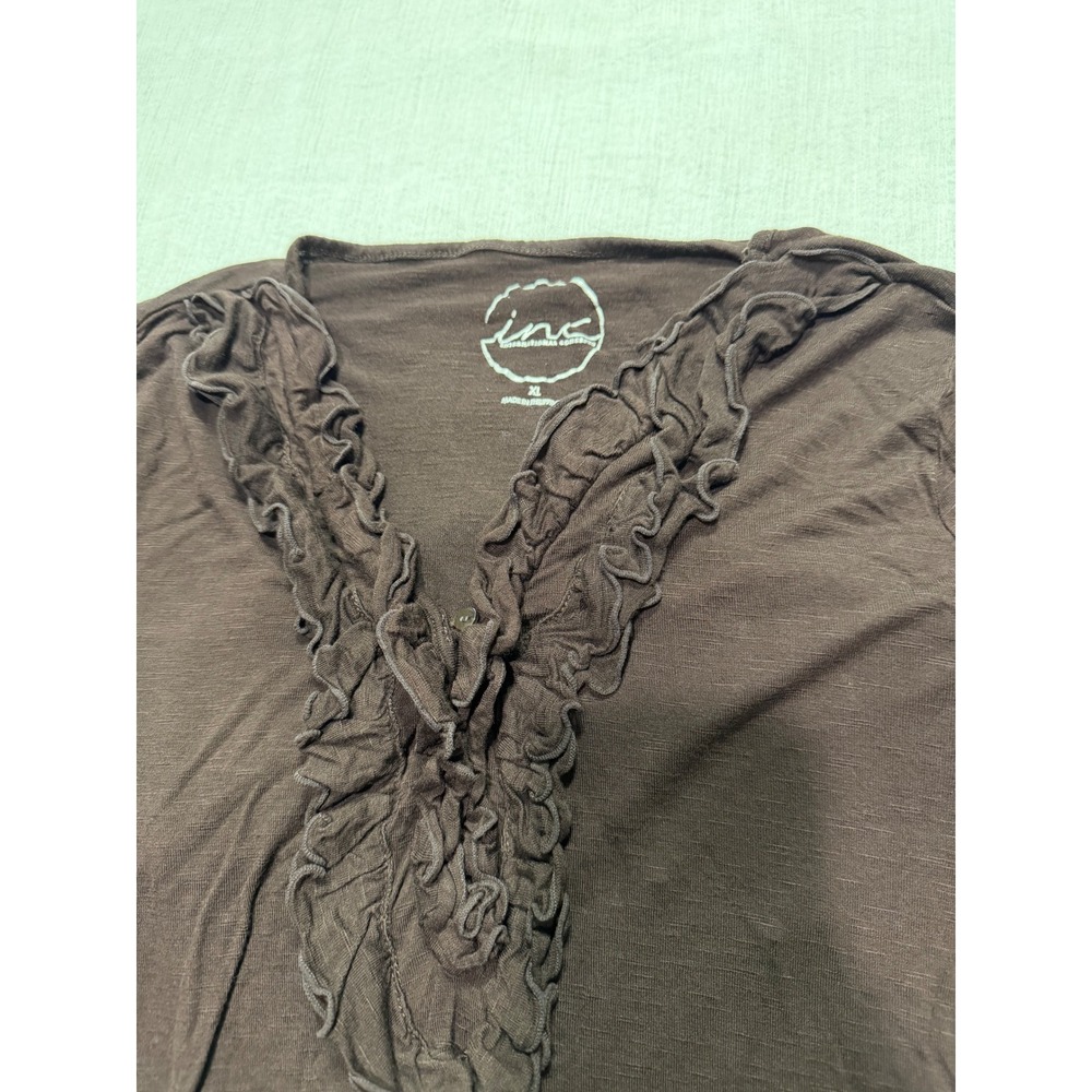 INC International Concepts Brown Ruffle V-Neck Long Sleeve Top XL Rayon - Picture 3 of 11